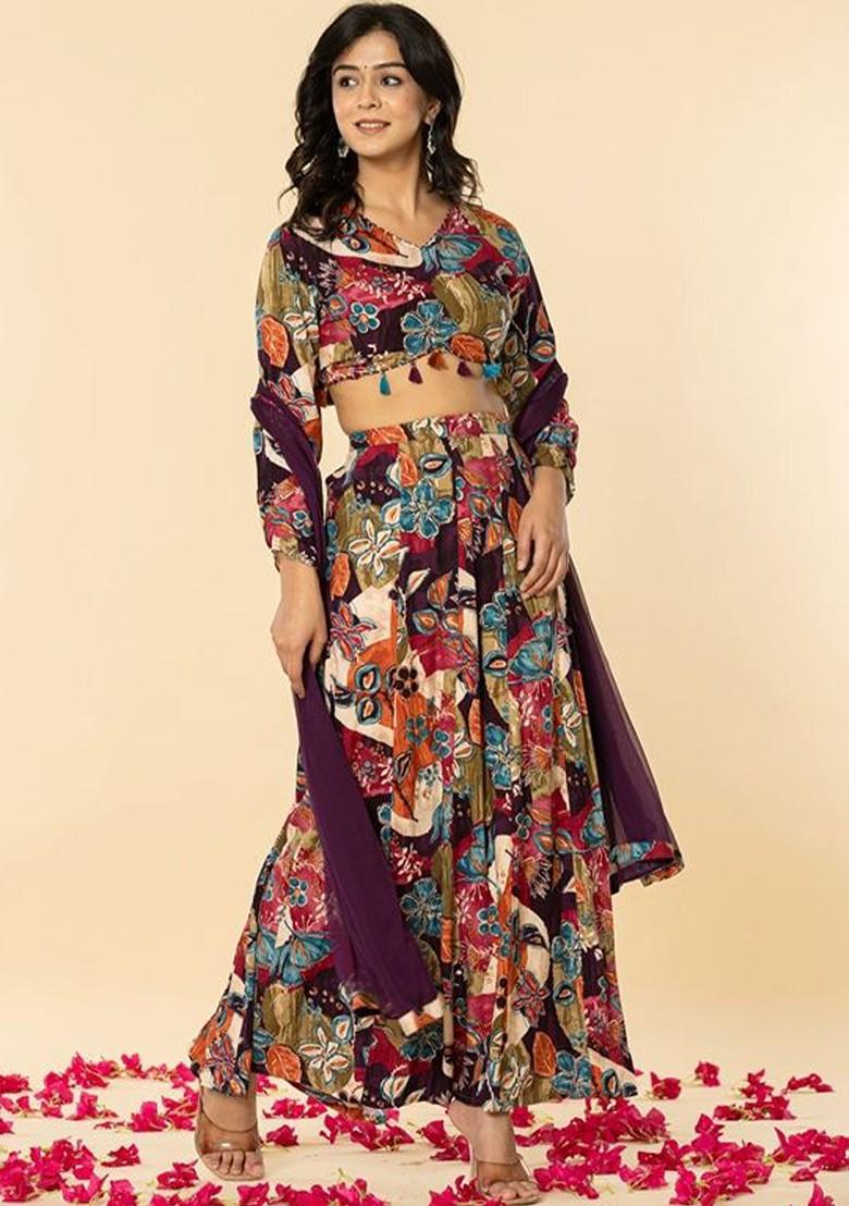 Maroon Printed Blended Lehenga Choli