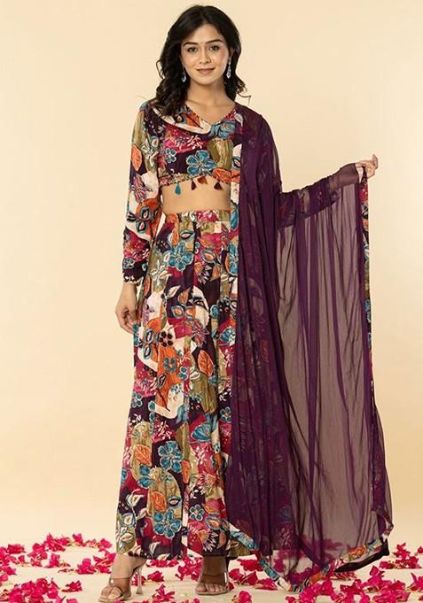Maroon Printed Blended Lehenga Choli
