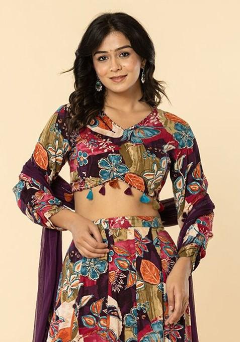Maroon Printed Blended Lehenga Choli