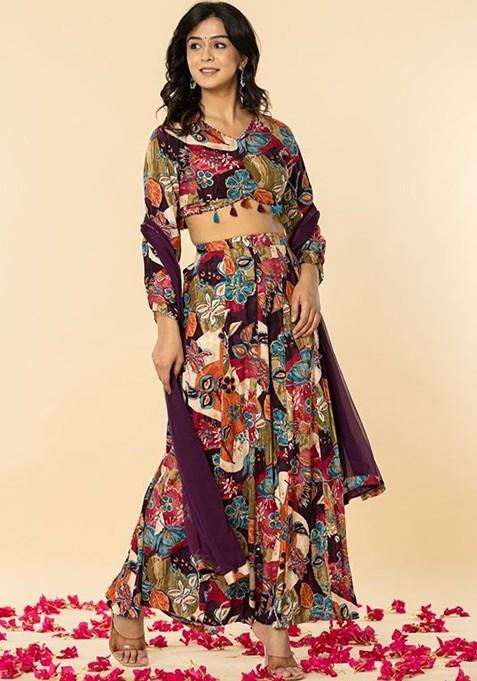 Maroon Printed Blended Lehenga Choli