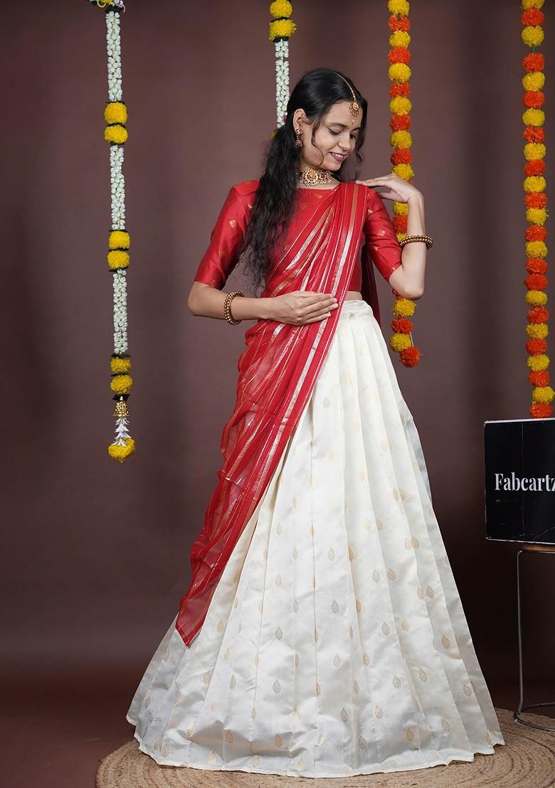 Red Emboridered Blended Lehenga Choli - Indya