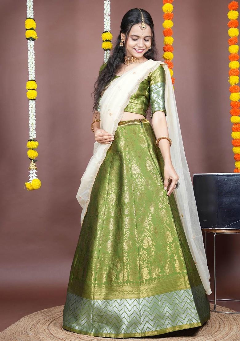 Green Woven Design Blended Lehenga Choli - Indya