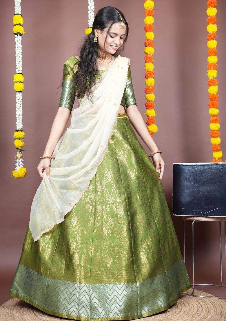 Green Woven Design Blended Lehenga Choli - Indya