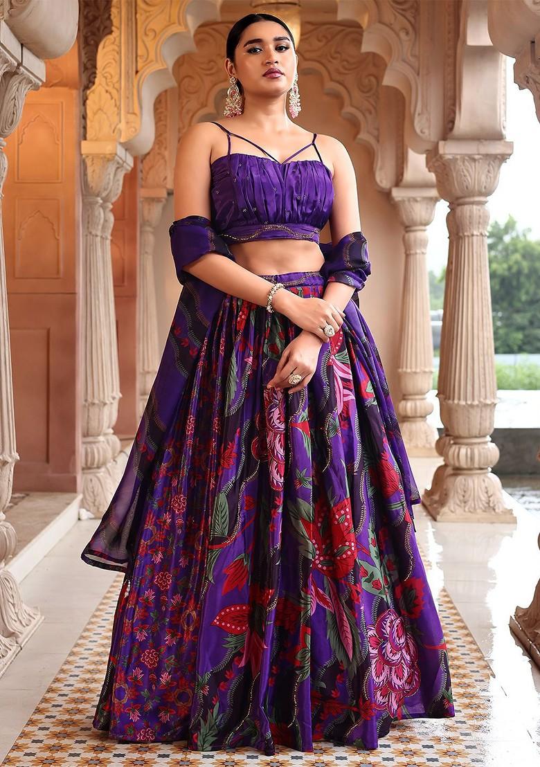 Purple Printed Blended Lehenga Choli - Indya