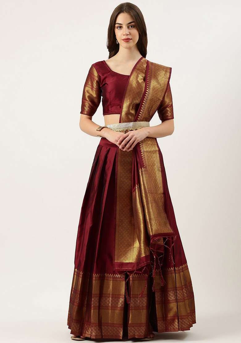 Maroon Woven Design Blended Lehenga Choli - Indya