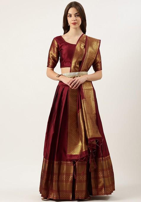 Maroon Woven Design Blended Lehenga Choli — view on Indya