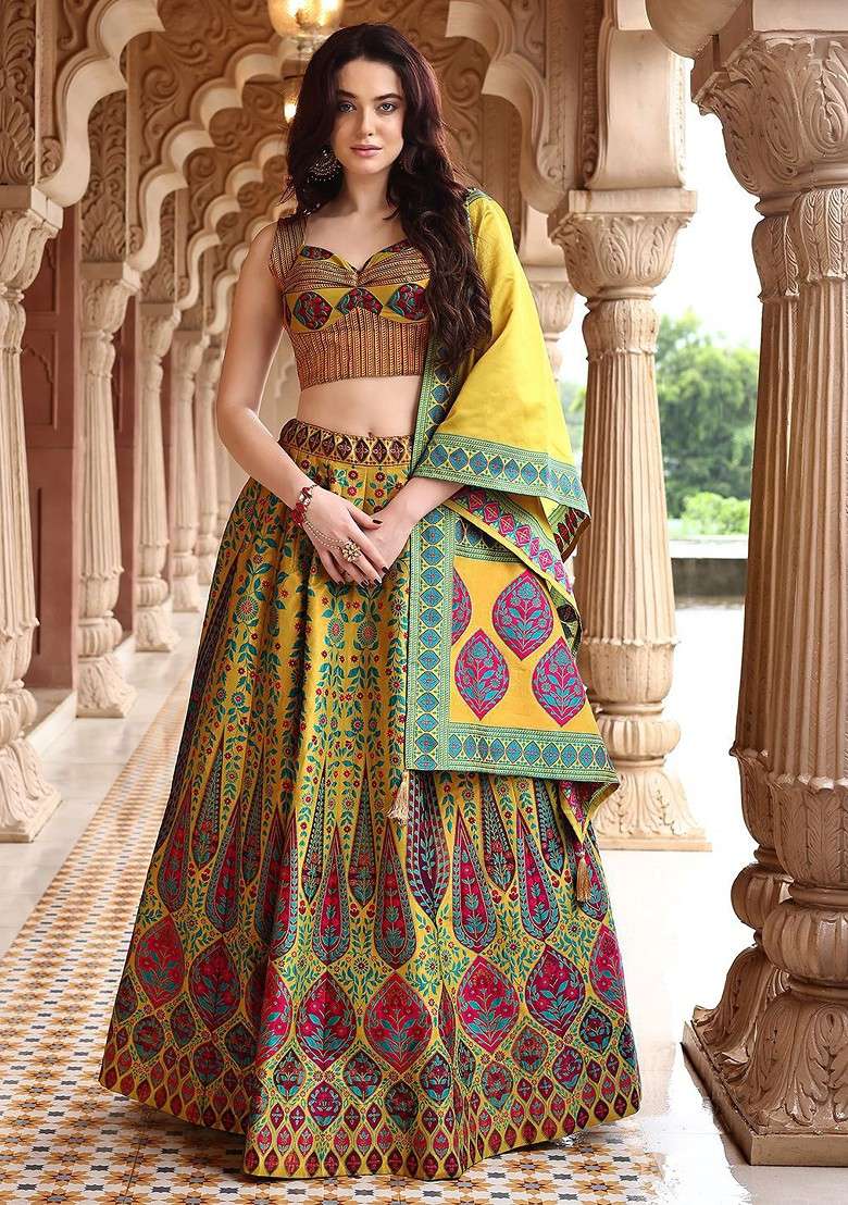 Lime Green Emboridered Blended Lehenga Choli - Indya