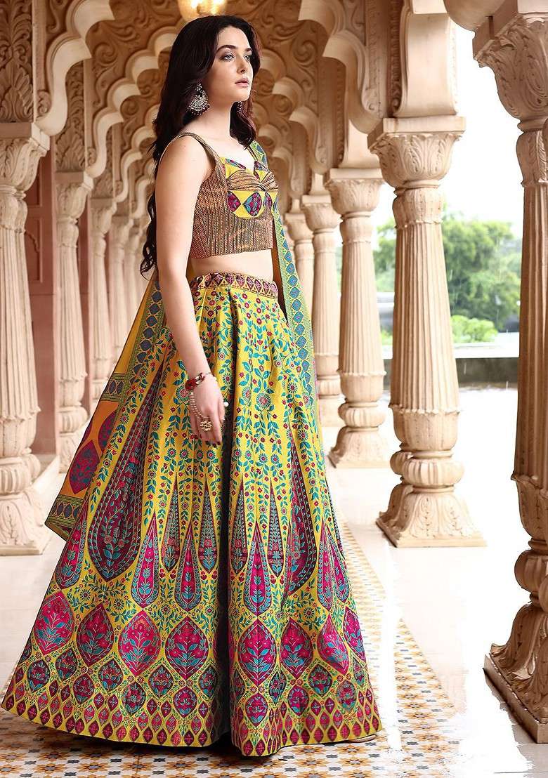 Lime Green Emboridered Blended Lehenga Choli - Indya