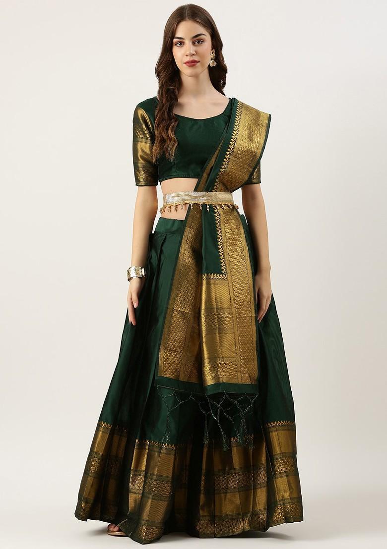 Green Woven Design Blended Lehenga Choli - Indya