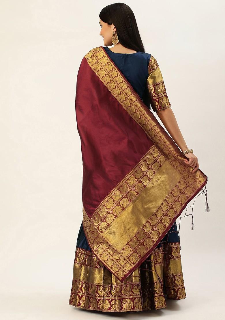 Navy Blue Zari Work Blended Lehenga Choli - Indya