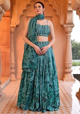 Green Printed Blended Lehenga Choli