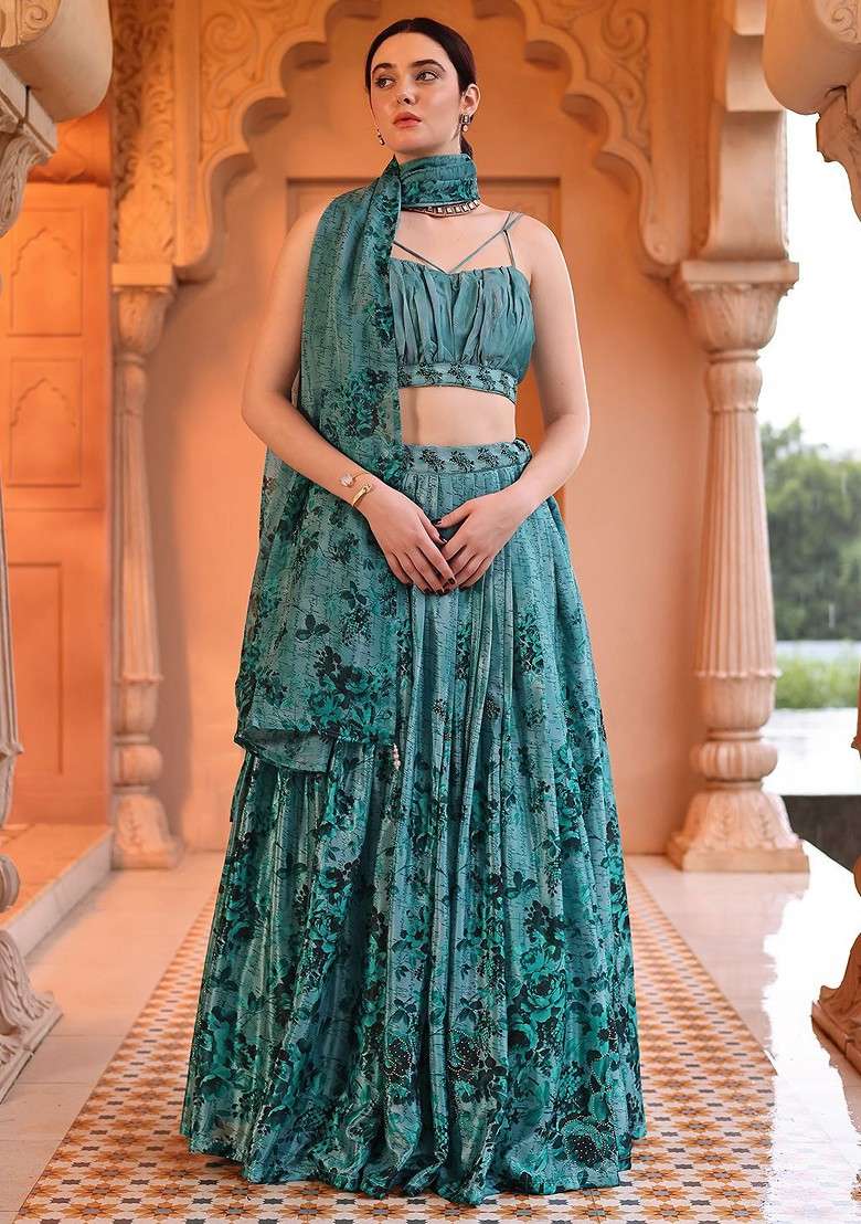 Green Printed Blended Lehenga Choli - Indya