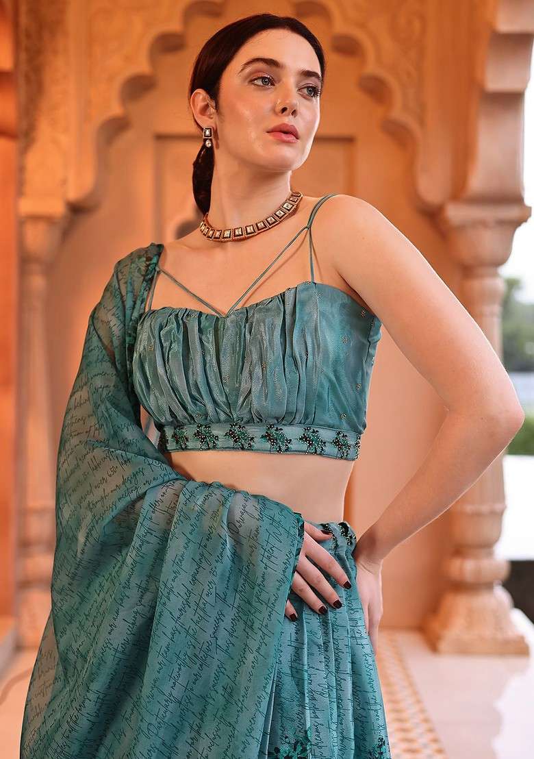 Green Printed Blended Lehenga Choli - Indya