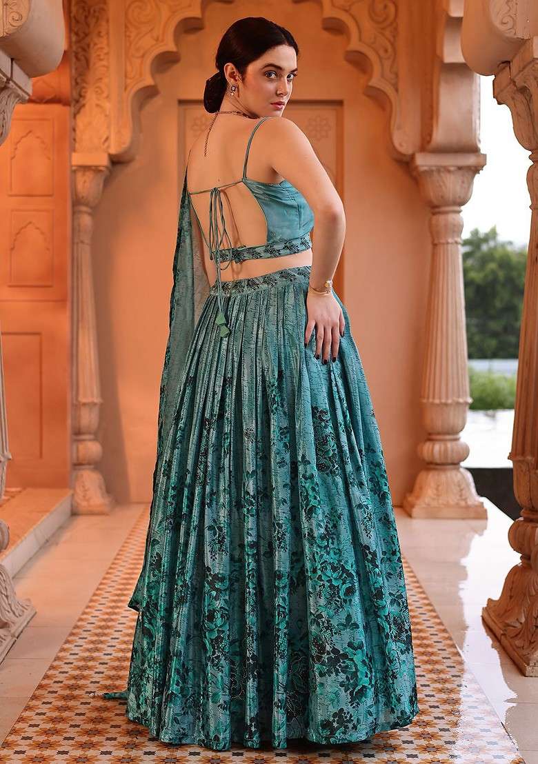 Green Printed Blended Lehenga Choli - Indya