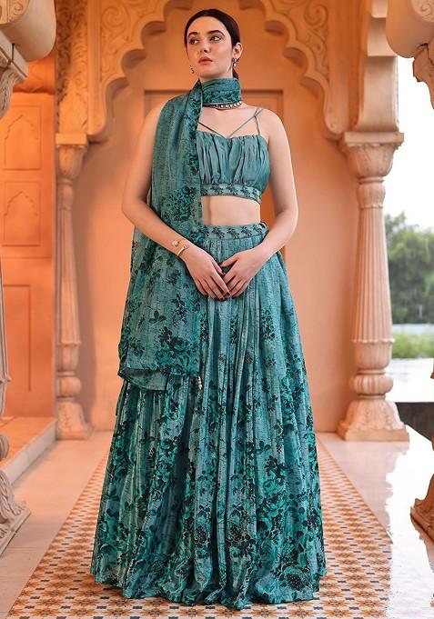 Green Printed Blended Lehenga Choli — view on Indya