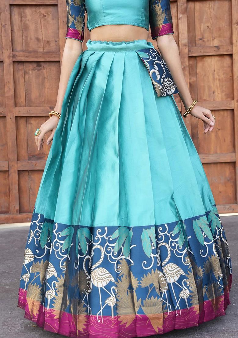 Turquoise Blue Woven Design Blended Lehenga Choli - Indya