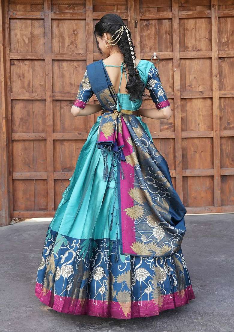 Turquoise Blue Woven Design Blended Lehenga Choli - Indya