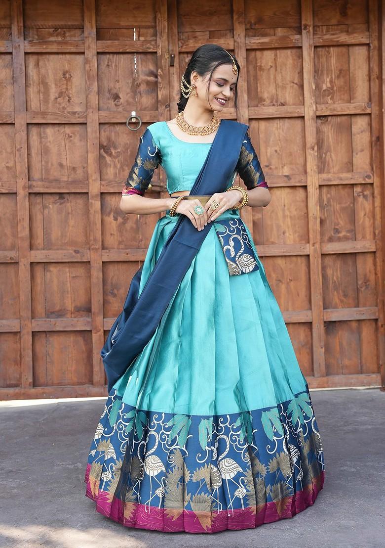 Turquoise Blue Woven Design Blended Lehenga Choli - Indya