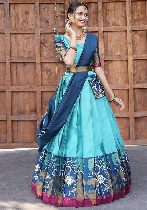 Turquoise Blue Woven Design Blended Lehenga Choli