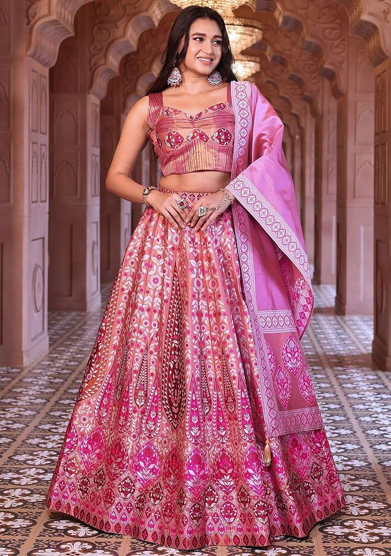 Pink Emboridered Blended Lehenga Choli - Indya