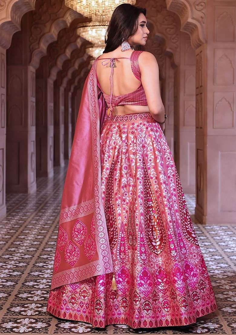 Pink Emboridered Blended Lehenga Choli - Indya