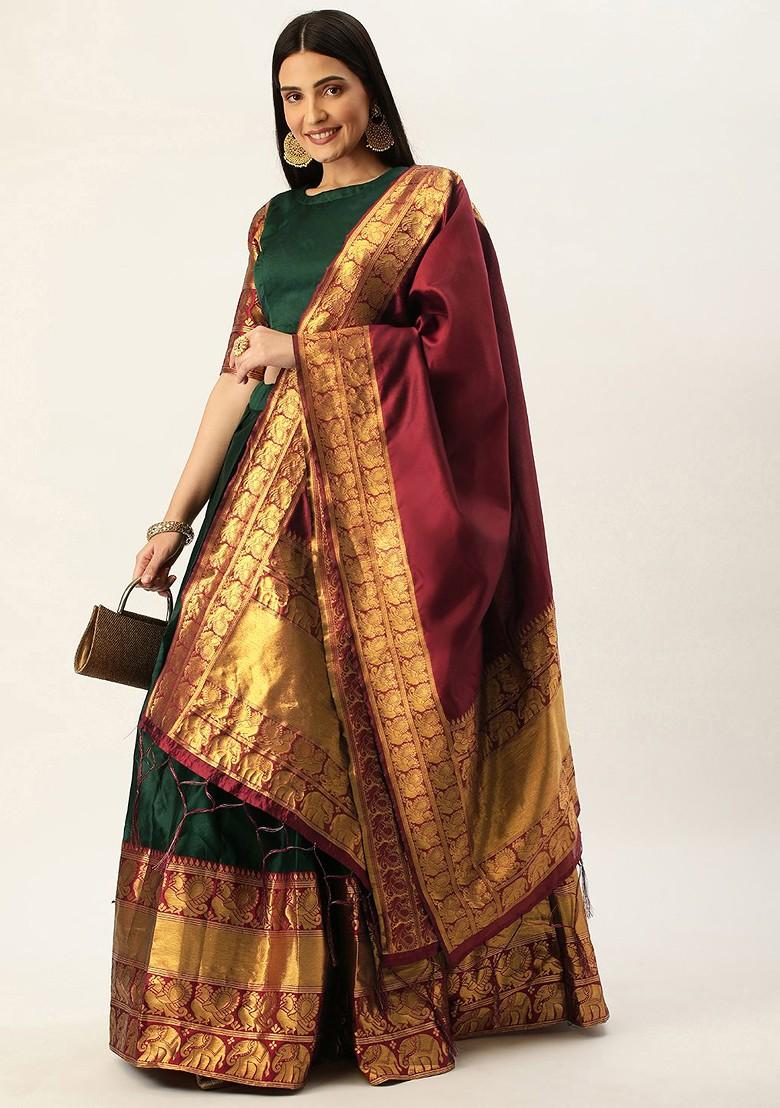 Green Zari Work Blended Lehenga Choli - Indya