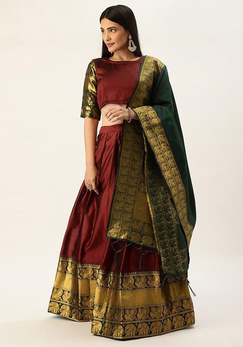 Maroon Zari Work Blended Lehenga Choli — view on Indya