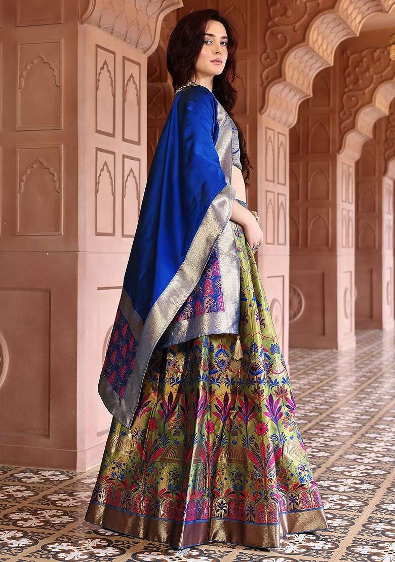 Olive Emboridered Blended Lehenga Choli - Indya