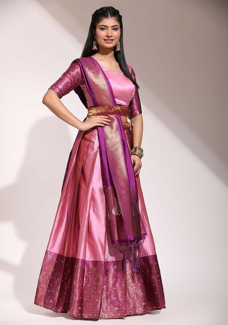 Peach Zari Work Blended Lehenga Choli - Indya