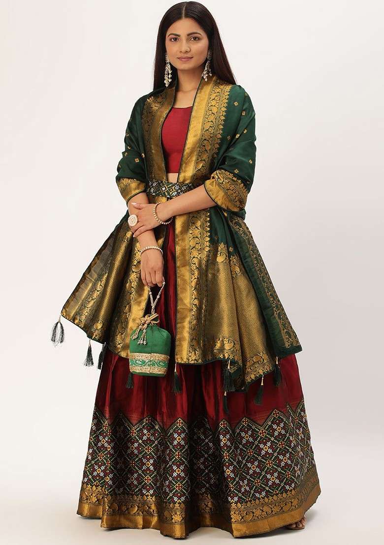Maroon Woven Design Blended Lehenga Choli - Indya