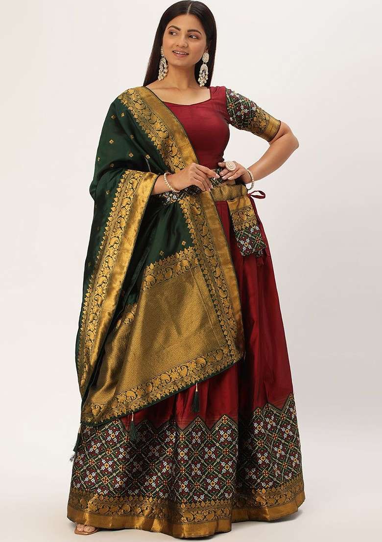 Maroon Woven Design Blended Lehenga Choli - Indya