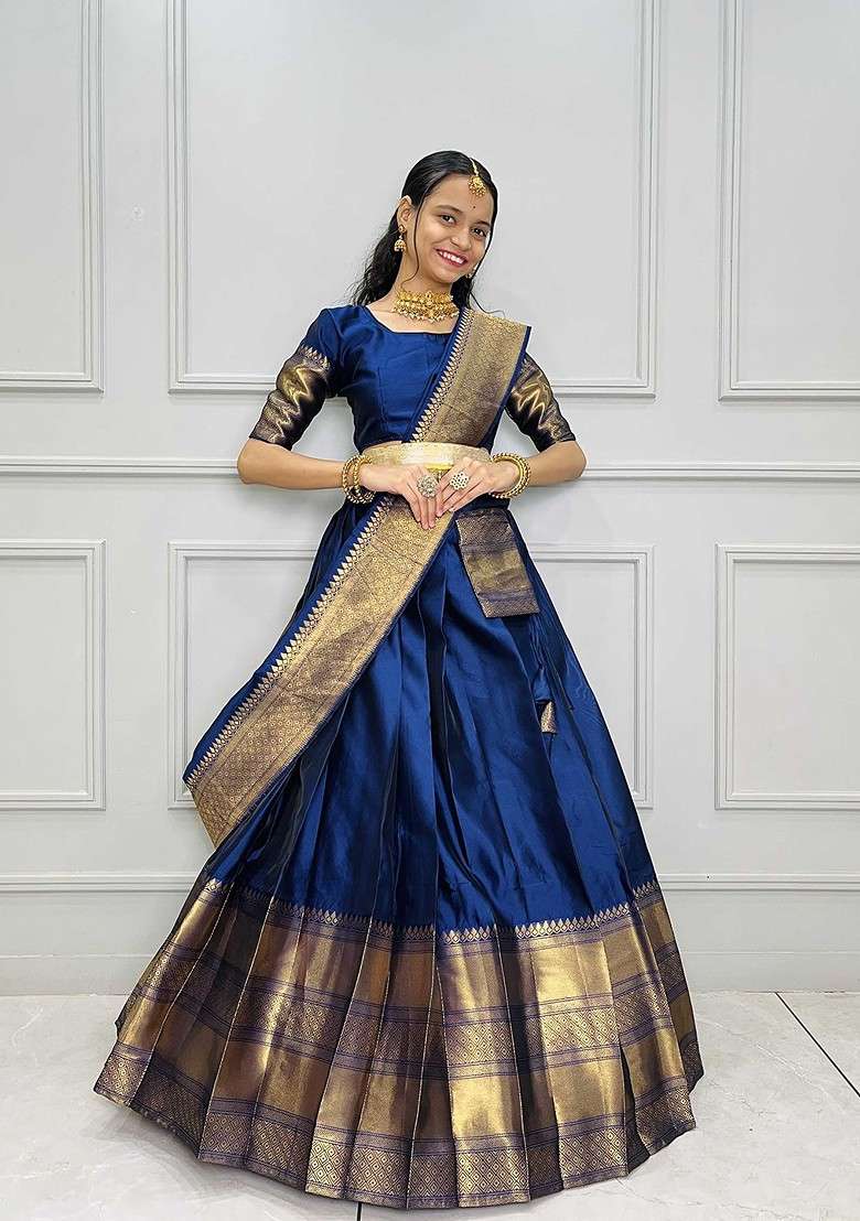 Navy Blue Woven Design Blended Lehenga Choli - Indya