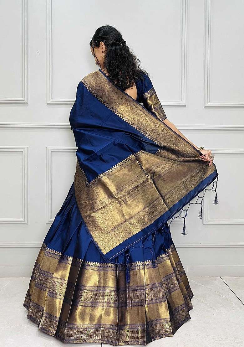 Navy Blue Woven Design Blended Lehenga Choli - Indya