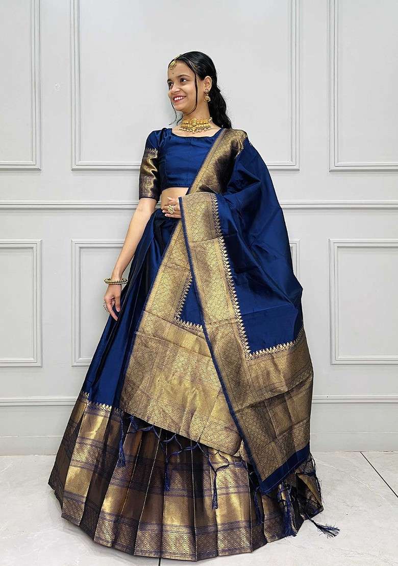 Navy Blue Woven Design Blended Lehenga Choli - Indya