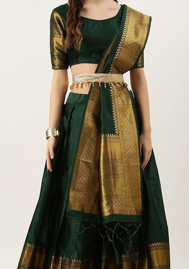 Green Emboridered Blended Lehenga Choli - Indya