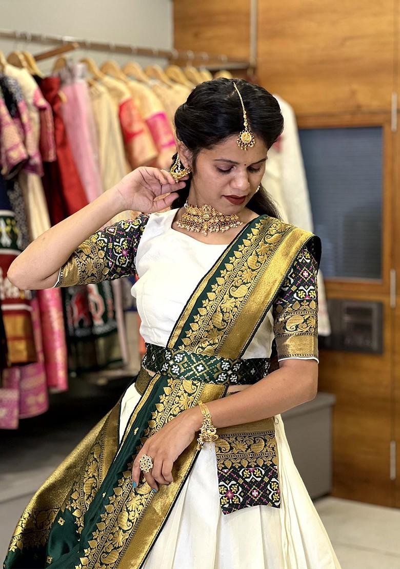 White Woven Design Blended Lehenga Choli - Indya