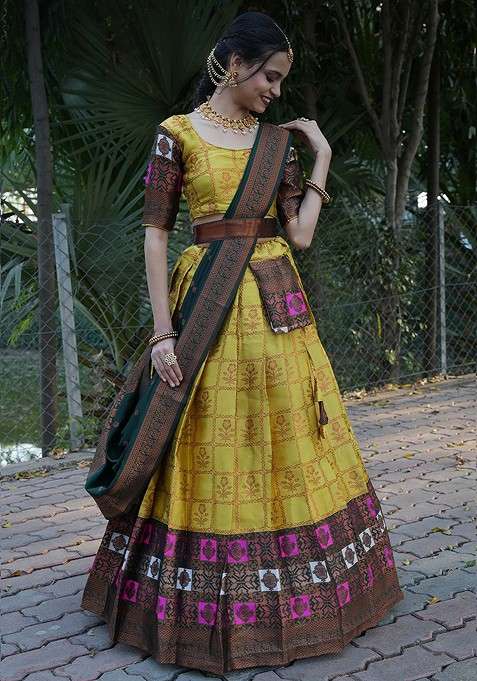 Yellow Woven Design Blended Lehenga Choli