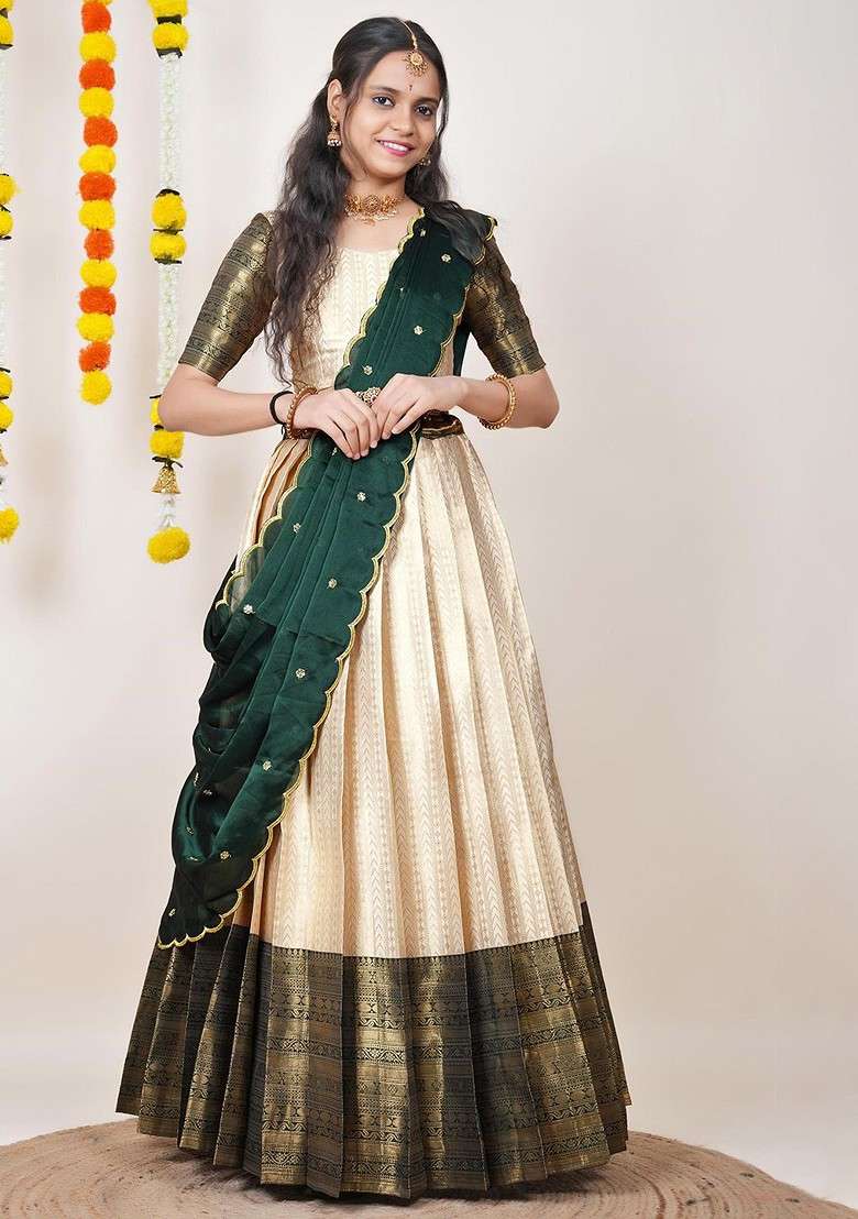 Cream Embellished Blended Lehenga Choli - Indya
