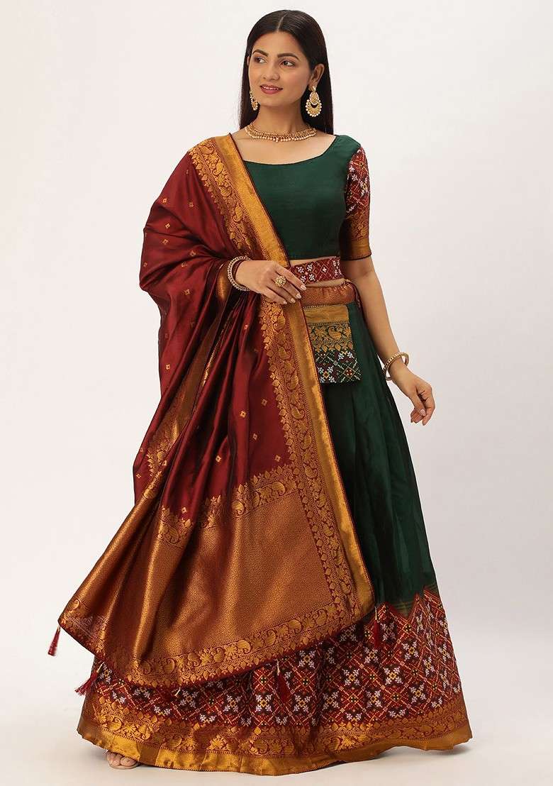 Green Zari Work Blended Lehenga Choli - Indya