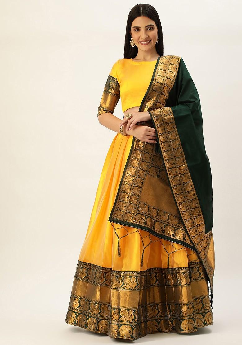 Yellow Zari Work Blended Lehenga Choli - Indya