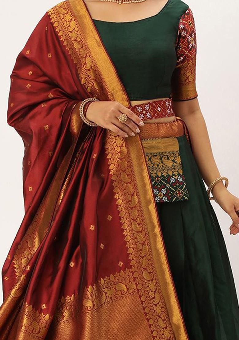 Green Woven Design Blended Lehenga Choli - Indya
