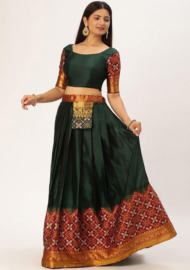 Green Woven Design Blended Lehenga Choli - Indya