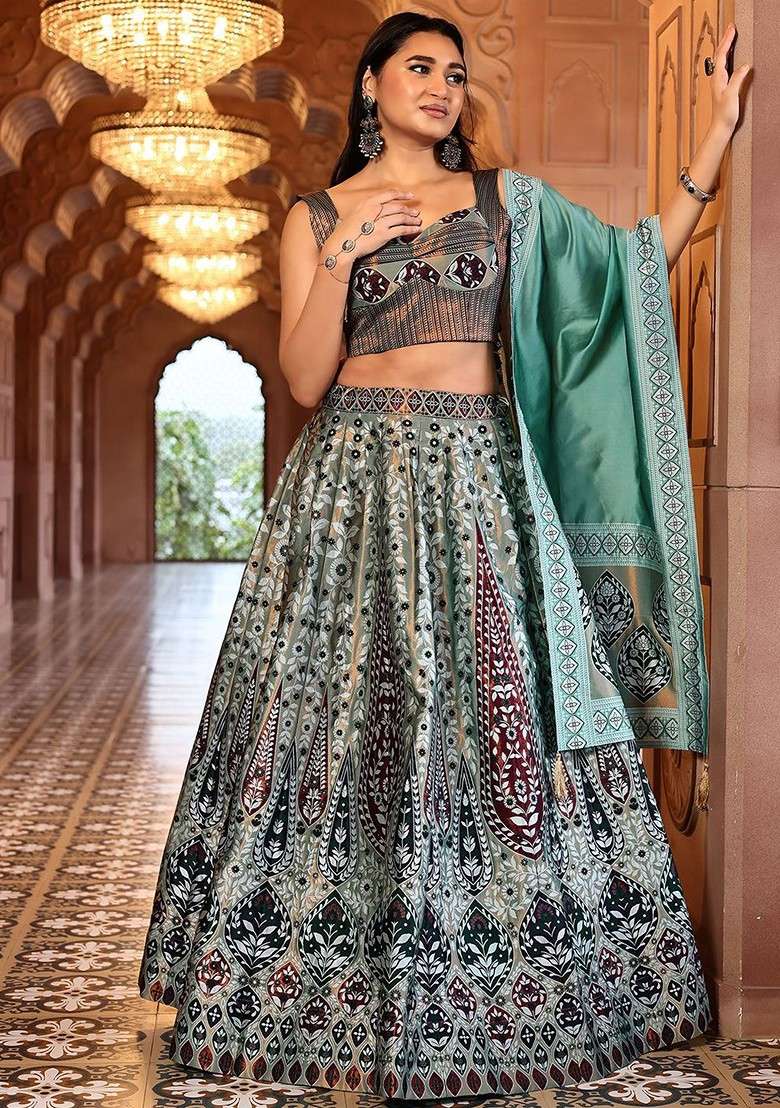 Sea Green Emboridered Blended Lehenga Choli - Indya