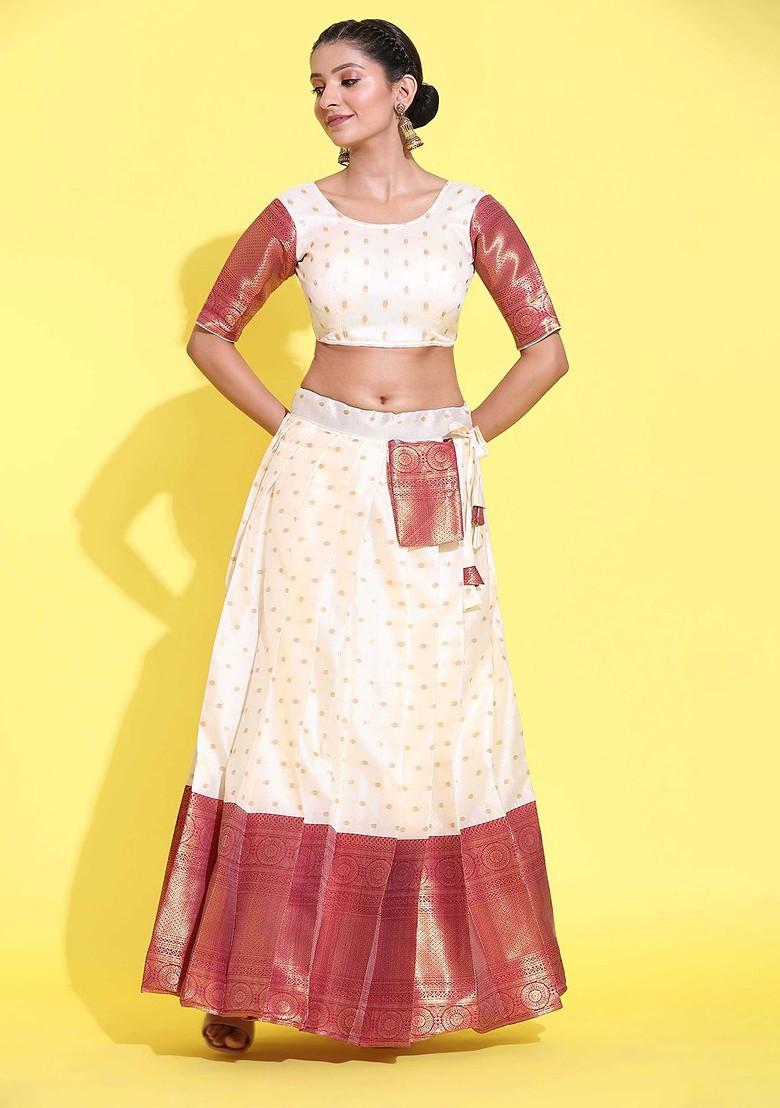 White Woven Design Blended Lehenga Choli - Indya