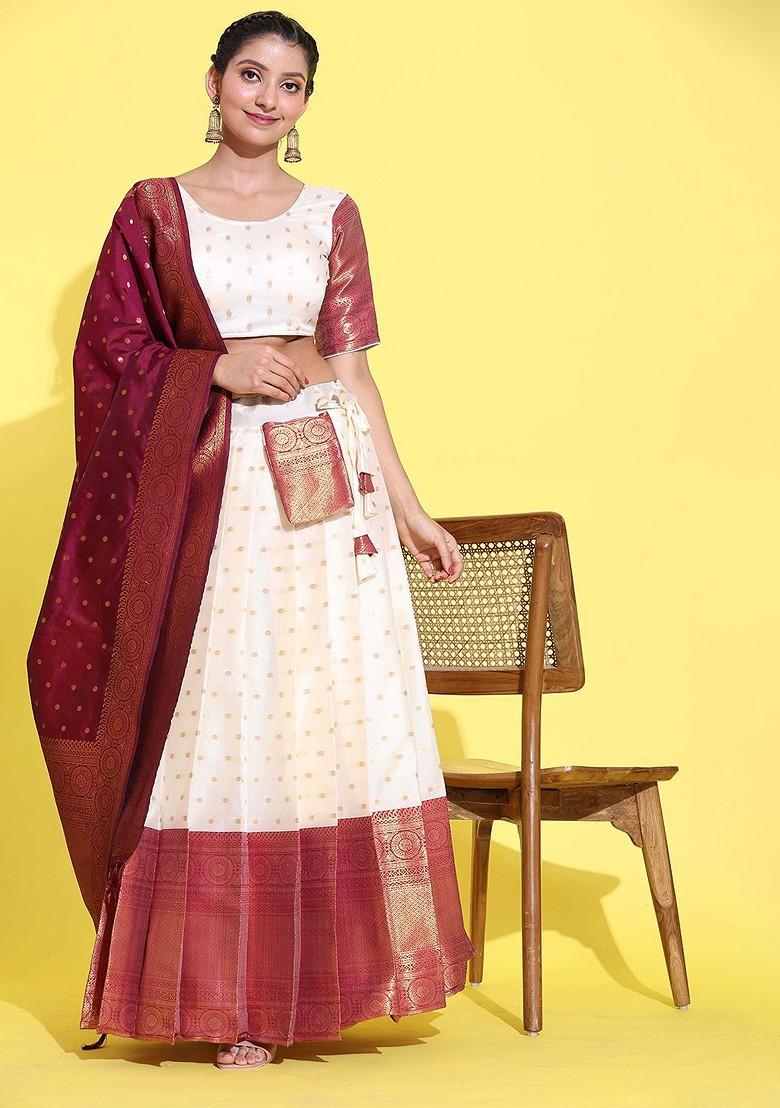 White Woven Design Blended Lehenga Choli - Indya