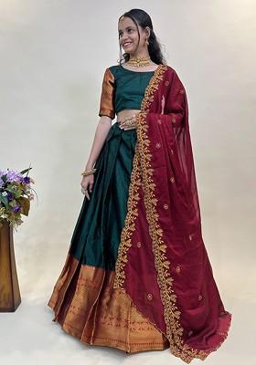 Green Woven Design Blended Lehenga Choli