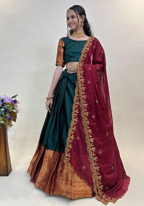 Green Woven Design Blended Lehenga Choli