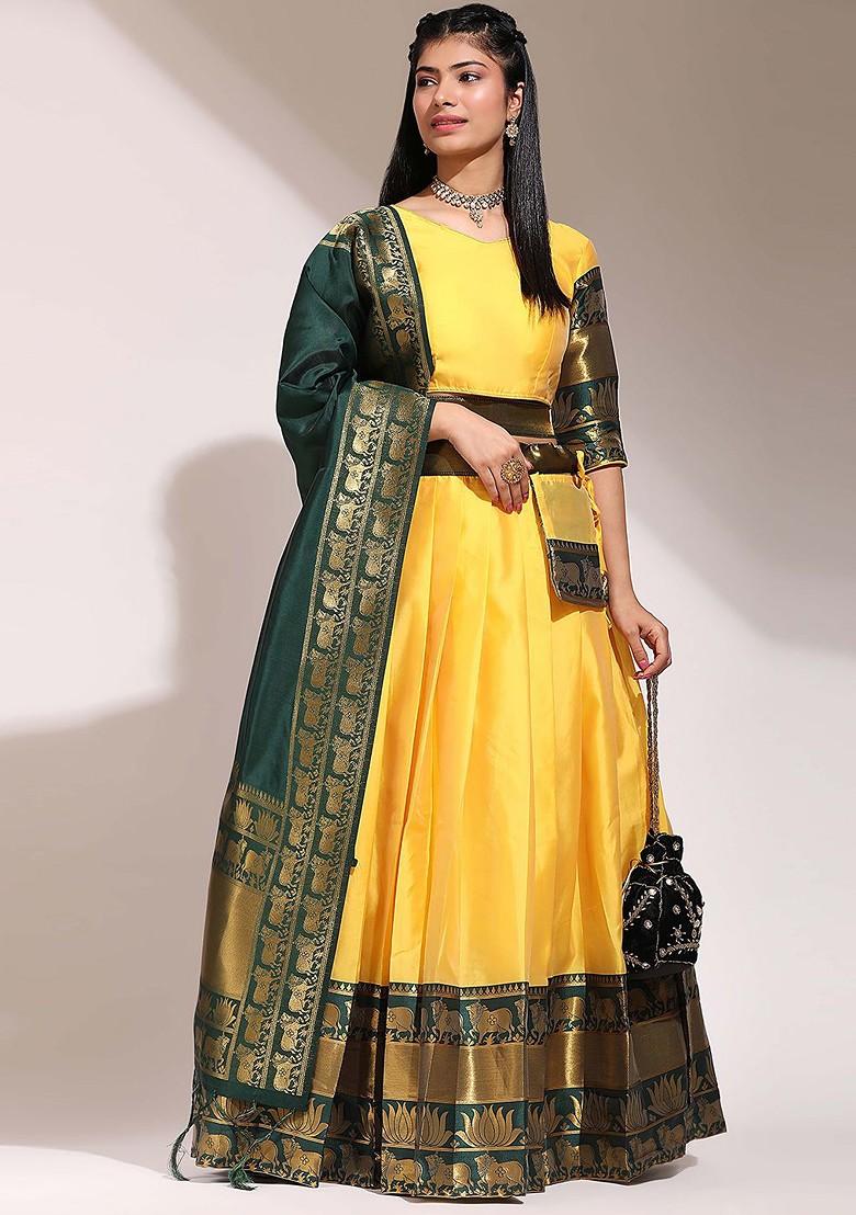 Yellow Zari Work Blended Lehenga Choli - Indya