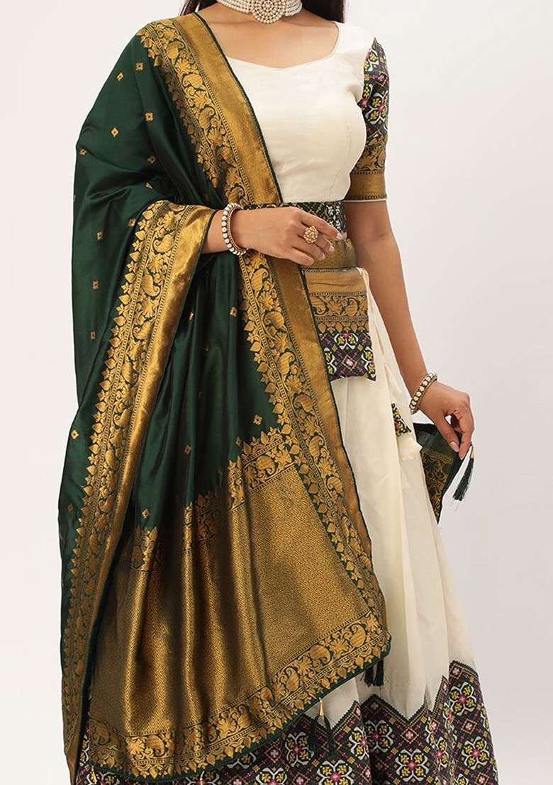 White Woven Design Blended Lehenga Choli - Indya