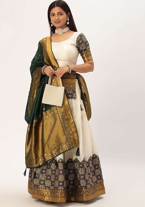 White Woven Design Blended Lehenga Choli